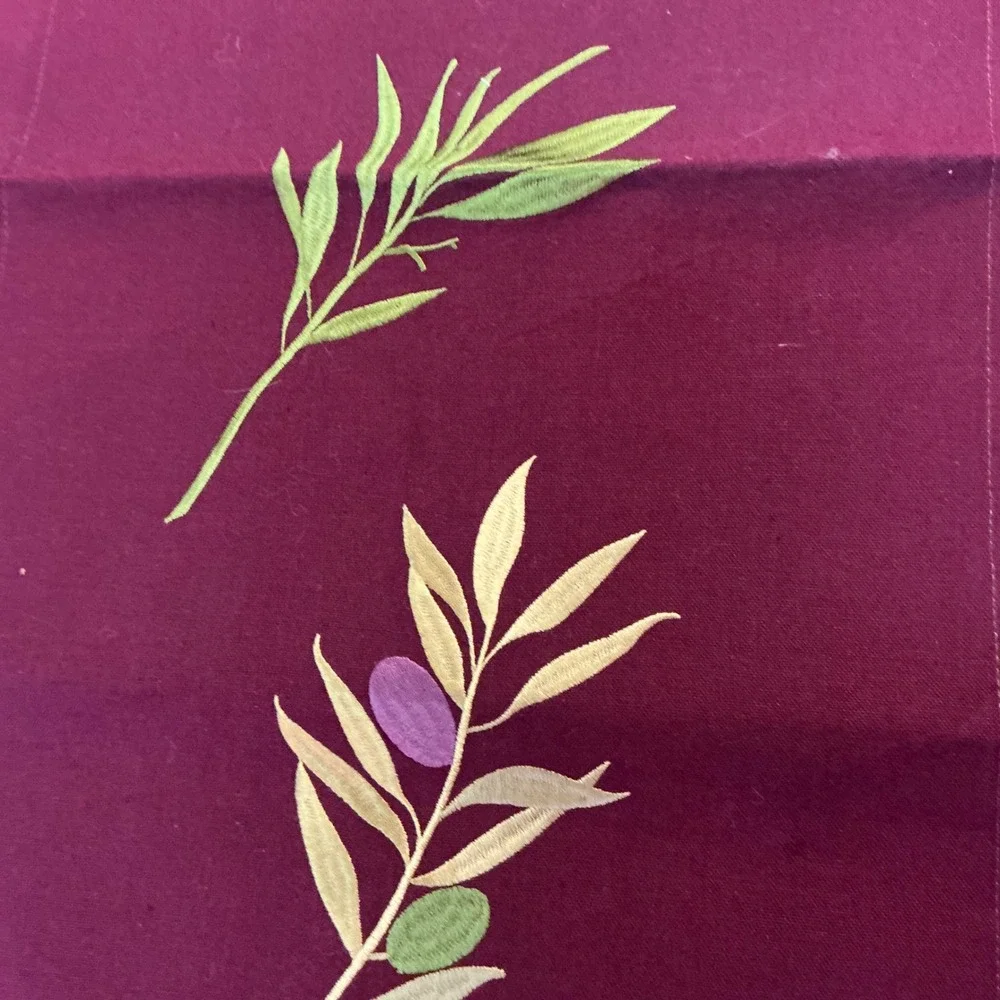 Burgundy‎ Table Runner with Embroidered Olive Branch Design, Elegant Decor